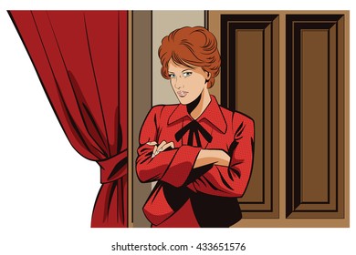 People in retro style pop art and vintage advertising. Girl near curtains in a theater.