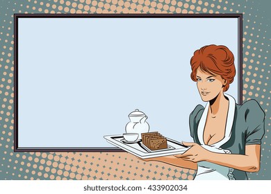 People in retro style pop art and vintage advertising. The waitress with a tray. Poster.
