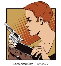 People in retro style pop art and vintage advertising. Girl with a gun.