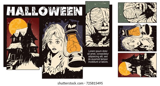 People in retro style pop art and vintage advertising. Collage on theme halloween.