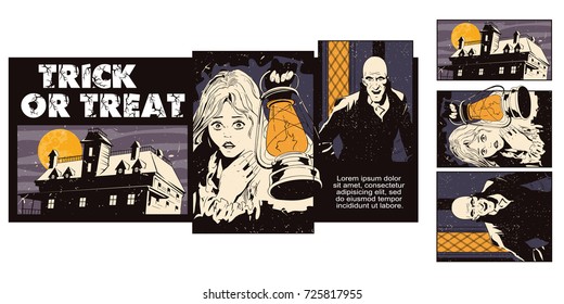 People in retro style pop art and vintage advertising. Collage on theme halloween.