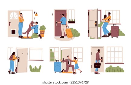 People return home. Cartoon characters returning apartment, man woman come to residence work trip study school walking flat. Vector set of people return to daughter, returning or reunion illustration