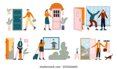 People return home. Men and women enter doors. Waiting and meeting. Returning from work. Guys and girls greeting on doorsteps. Apartment entrance. Persons coming at house