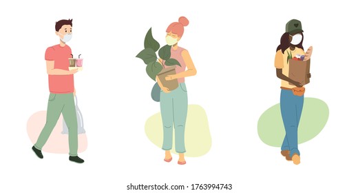 People are returning from the grocery store in medical face masks set. Women and man after shopping with grocery bags, soda drinks and plant in pot. Vector flat illustration on white background. 