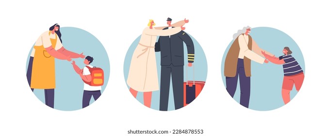 People Returning At Home, Family Union Isolated Round Icons. Mother Meet Little School Boy, Pilot With Luggage Hug Wife