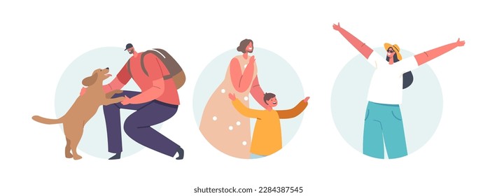 People Returning Home Isolated Round Icons or Avatars. Owner Meet Happy Dog, Woman with Child, Cheerful Girl Rejoice