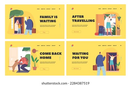 People Returning Home Landing Page Template Set. Relief And Comfort Of Returning To Familiar Place After A Work