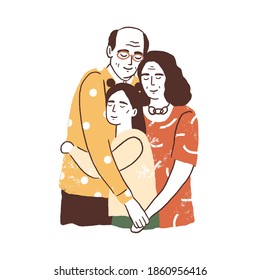 People reunion concept. Aged parents or grandparents embracing their daughter or granddaughter. Supporting happy family relationships. Flat textured vector illustration isolated on white background