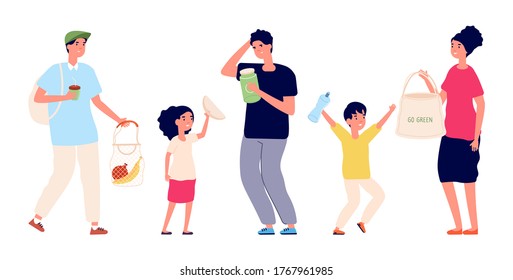 People with reusable packaging. Eco bags, containers and mugs zero waste. Woman man using fabric packs vector illustration