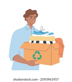 People reuse clothes. Happy male volunteer holding box of clothes and donating them to charity or recycling. Zero waste and sustainable fashion. Flat vector illustration isolated on background