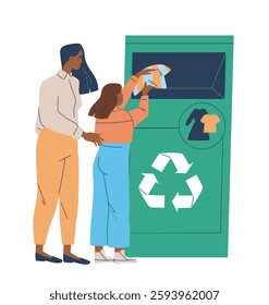 People reuse clothes. Mother and daughter donate clothes to charity or drop them in recycling bin. Zero waste and sustainable fashion. Flat vector illustration isolated on background