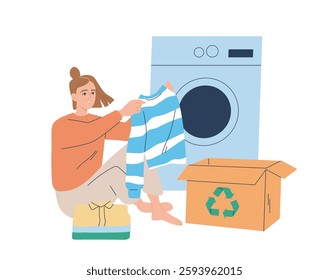 People reuse clothes. Smiling girl washes clothes in washing machine and donates them to charity. Zero waste and sustainable lifestyle. Prepare Clothes for Recycling. Flat vector illustration