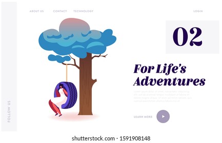 People Reuse Old Tyres for Domestic Needs Website Landing Page. Woman Sitting on Environmentally Friendly Child Garden Swing Made of Recycled Car Tires Web Page. Cartoon Flat Vector Illustration