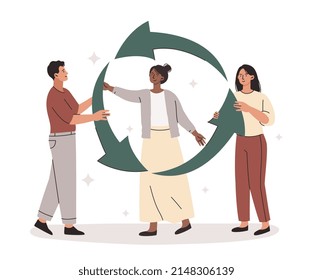 People with reuse sign. Environmental activists and eco volunteers. Men and girls care about nature and environment, reduce waste. Save Earth poster or banner. Cartoon flat vector illustration