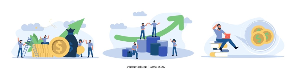 La gente revisa el negocio de comunicación de aplicaciones de análisis de vectores de dinero. Financiación de la construcción por empleados con la gestión de iconos de ilustraciones de concepto de flechas y monedas. Gráfico de inversión de datos de impuestos de informes bancarios