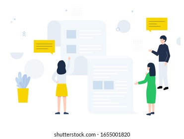 People reviewing document. Vector illustration for business.
