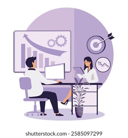 People reviewing financial data and charts in a modern workplace setting, conveying teamwork and analysis in business environments. Flat vector modern illustration 