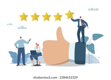 People reviews and feedback ideas, Evaluating in the best credit ratings and customer satisfaction, Team of business people analyzes the reviews or feedback on the organization's products.