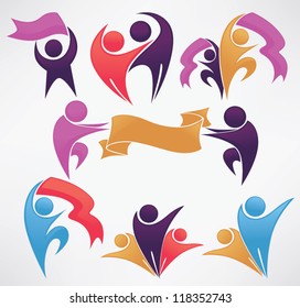 people and ribbons, leadership and victory vector collection of symbols