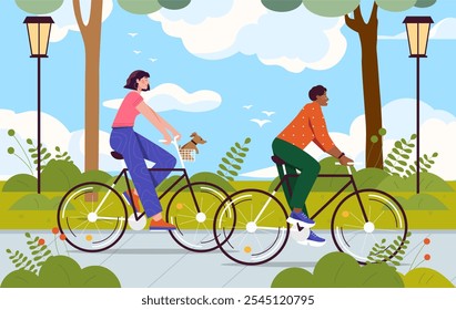 Personas andan en bicicleta en el parque de la ciudad. Hombre y mujer montan en bicicleta con el perro. Estilo de vida activo y ejercicio. Entrenamiento cardiovascular al aire libre. Pareja en transporte ecológico. Ilustración vectorial plana