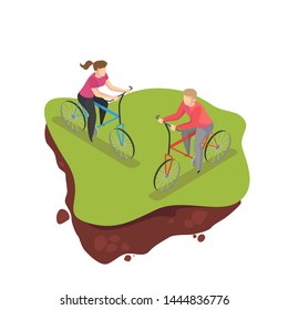 People ride bicycle in the public park. Summer outdoor activity, healthy lifestyle. Bicyclist couple. Vector isometric illustration