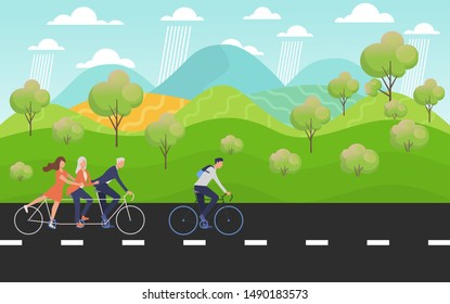 People are ride bicycle in a public park and the rain is falling a bit. The view is so beautiful. The landscape is like cityscape  and the  beautiful view. vector illustration