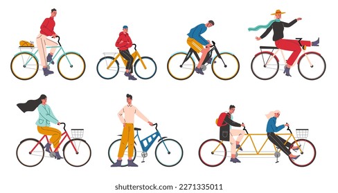 La gente monta bicicletas. Hombres y mujeres felices ciclistas. Transporte urbano. Caminando en bicicleta. Las personas conducen ciclos. Ponte cerca. Personajes divertidos en bicicleta. Vector aislado