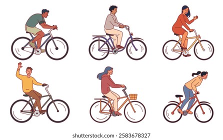 People ride bicycles. Happy men and women travel on two wheeled bikes, active lifestyle, eco transport, city cyclists characters, citizens, sport cartoon flat style isolated vector set