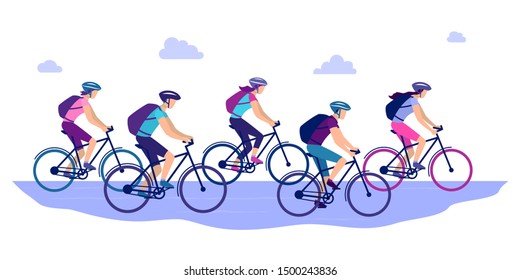 People ride bicycles. Sports, tourism, active lifestyle. Eps10 vector flat illustration.