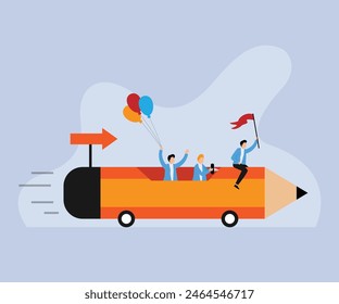 People ride big pencils with small wheels 2d flat vector illustration