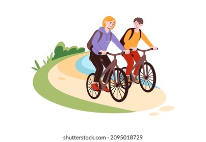 People ride bike. Active recreation, health care and sporty lifestyle. Friends travel, mukzhchina and girl in nature, couple on date in forest. Tourists in city park. Cartoon flat vector illustration