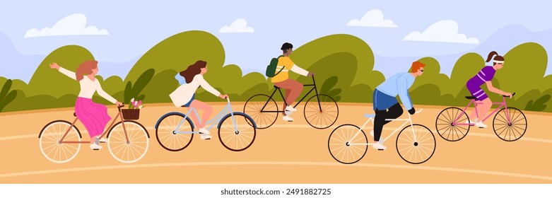 People ride bikes at bicycle race in nature. Happy male and female riders drive on road through green landscape, competition of characters in sports and casual clothes cartoon vector illustration