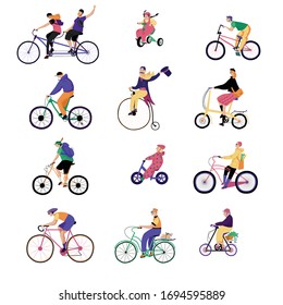 People ride bikes, vector illustration. Characters isolated on white riding different original bicycles, flat style. Travel by bike as eco friendly transport, sport and healthy lifestyle.