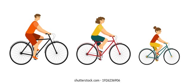 People ride city bike. woman and man on bicycles. family characters on white background