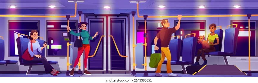 People ride in city bus at night. Vector cartoon illustration of autobus interior with seats, ticket validator, sitting woman with dog and standing man. Passengers in public transport in evening