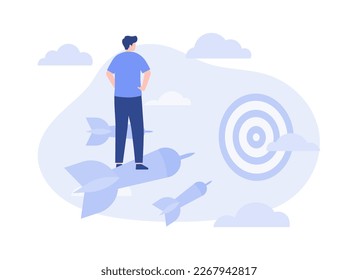 La gente se dirige a los dardos hacia el objetivo, el camino hacia el logro del objetivo. Ilustración plana vectorial moderna