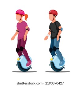 People ride electric unicycle. electric vehicle set illustration vector