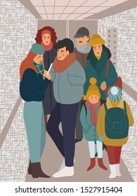 A lot of people ride in the elevator. Men, women and children in a closed cabin. Vector cute flat hand-drawn illustration.