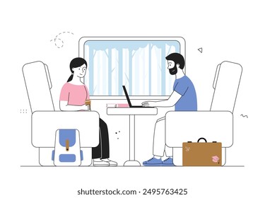 People ride inside train. Woman and man with laptop travel on public transport. Passengers in subway. Urban infrastructure for trips. Linear vector illustration isolated on white background