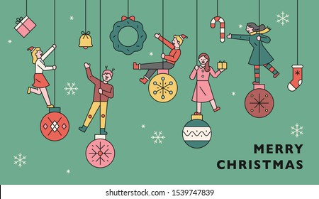 People ride on the Christmas decorations ball. Web promotion banner. flat design style minimal vector illustration.