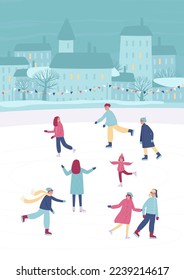 La gente monta en la pista de hielo de la ciudad. Postal con ciudad de invierno y gente en pista de hielo. Deportes de invierno y entretenimiento. Ilustración vectorial plana.
