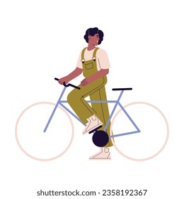 La gente viaja en transporte ecológico. Mujer con traje de salto de pie con bicicleta. La chica sujeta el ciclo, sonríe y mira hacia atrás. La persona tiene un estilo de vida activo. Ilustración vectorial aislada plana sobre fondo blanco