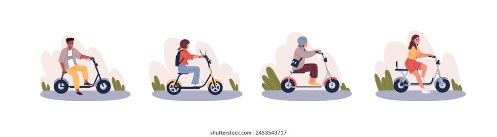 Las Personas viajan en scooters eléctricos. Los conductores en casco de transporte urbano respetuoso del medio ambiente. Conductores sentados en Vacantes de vehículos de movilidad personal. Ilustración vectorial aislada plana sobre fondo blanco