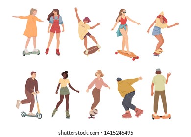 People ride on self-balancing scooter, skateboards, scooters, roller skates.
