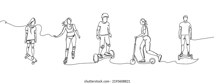 People ride on a skateboard, roller skates, scooter, gyro, hoverboard set one line art. Continuous line drawing sport, leisure, teenager, street culture, urban, extreme, youth man, stadium.