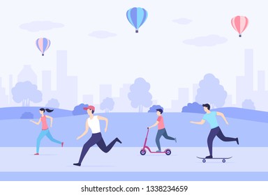 People ride on a skateboard, scooter, walk and play sports in the Park. Men and women healthy lifestyle. Cartoon illustration in purple tones of World Health Day, illustration.