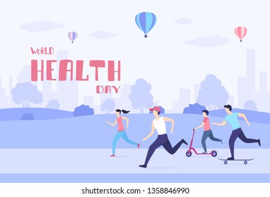 People ride on a skateboard, scooter and play sports in the Park. Men and women healthy lifestyle. Cartoon image in purple tones and lettering World Health Day, illustration.