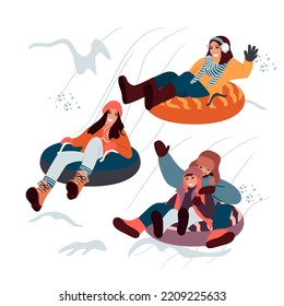 People ride on snow tubes. Girls, a man and a teenager are dressed in warm clothes. A set of characters isolated on a white background.Winter time and winter activity.Cartoon flat style illustration.