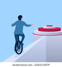 People ride one wheel towards target via narrow road, business challenge metaphor