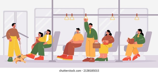 People Ride In Public Transport. Vector Flat Illustration Of Bus, Train Or Tram Interior With Seat, Handrails And Sitting And Standing Passengers. City Public Transport With Men And Women Inside